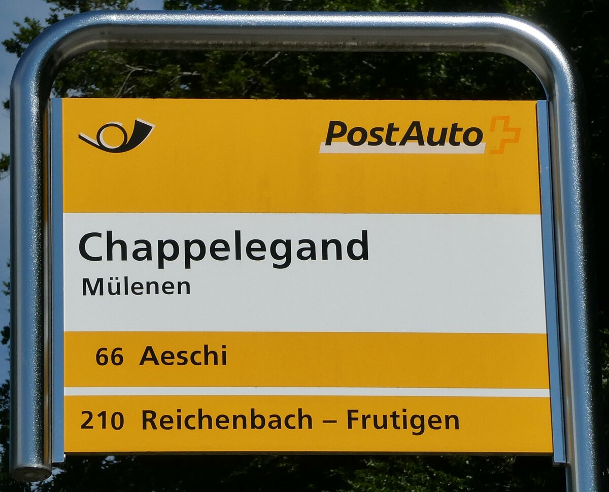 (237'563) - PostAuto-Haltestellenschild - M�lenen, Chappelegand - am 26. Juni 2022