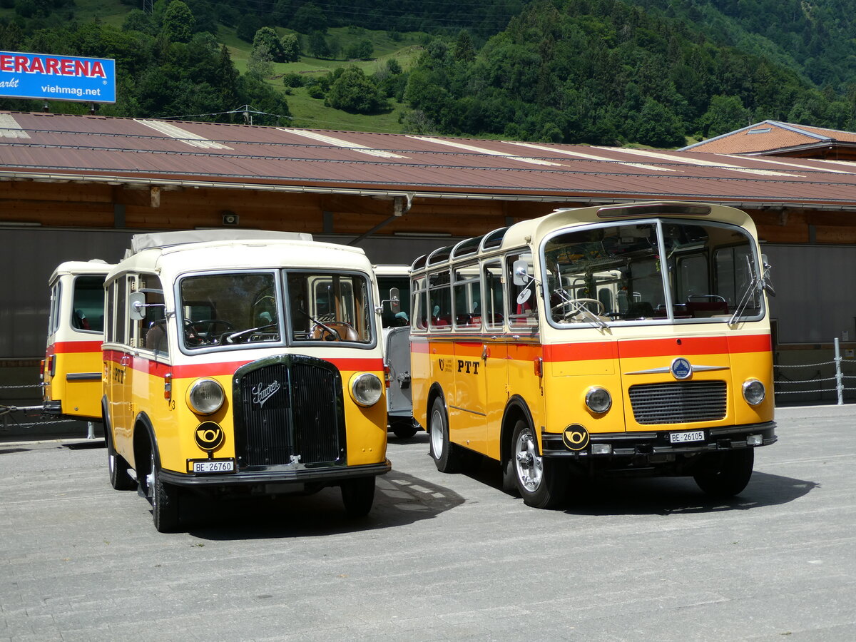 (237'589) - Schmid, Th�rishaus - Nr. 3/BE 26'760 - Saurer/Gangloff (ex Geiger, Adelboden Nr. 3) + Nr. 9/BE 26'205 - Saurer/R&J (ex Geiger, Adelboden Nr. 9) am 26. Juni 2022 in M�lenen, Kanderarena