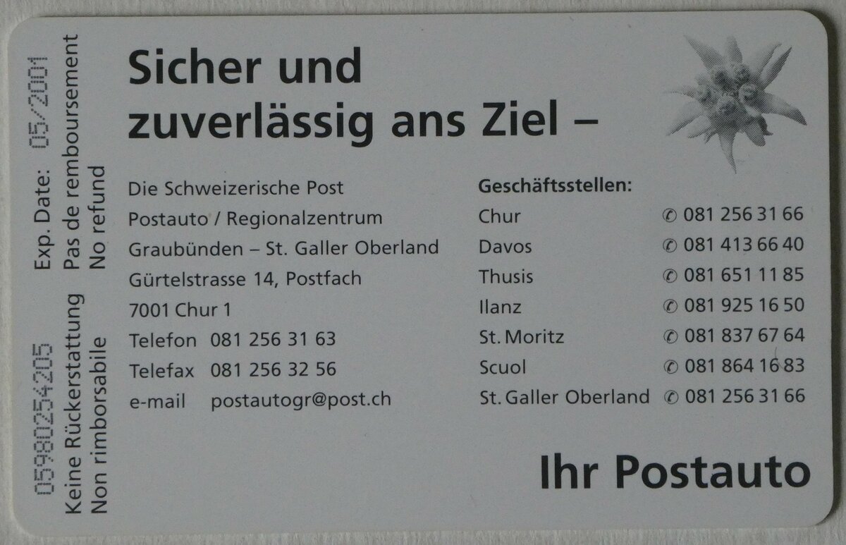 (246'768) - Taxcard - 5 CHF - Sicher und zuverl�ssig ans Ziel - Ihr Postauto am 1. M�rz 2023 in Thun (R�ckseite)