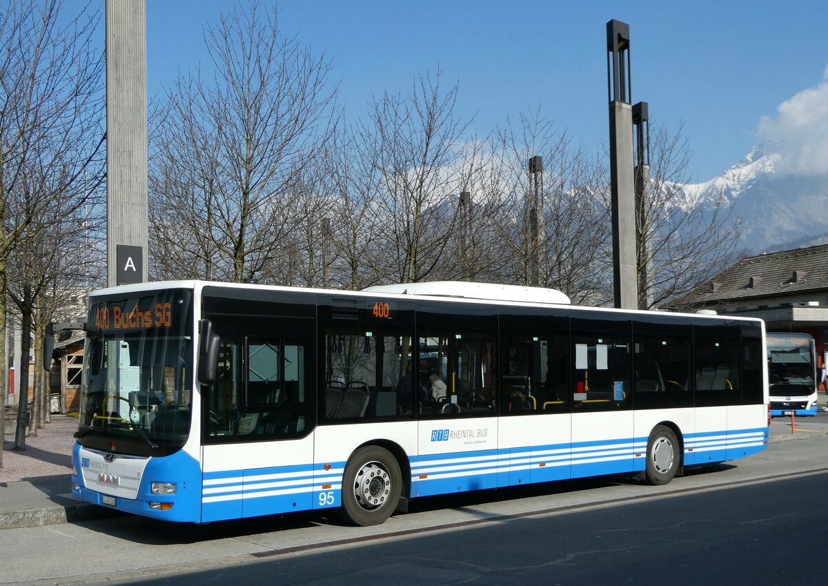 (246'873) - RTB Altst�tten - Nr. 95/SG 482'228 - MAN (ex PostBus/A BD 15'346) am 4. M�rz 2023 beim Bahnhof Sargans