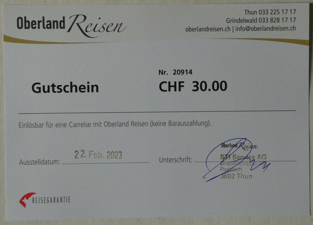 (247'480) - Oberland Reisen-Gutschein vom 22. Februar 2023 am 19. Mrz 2023 in Thun