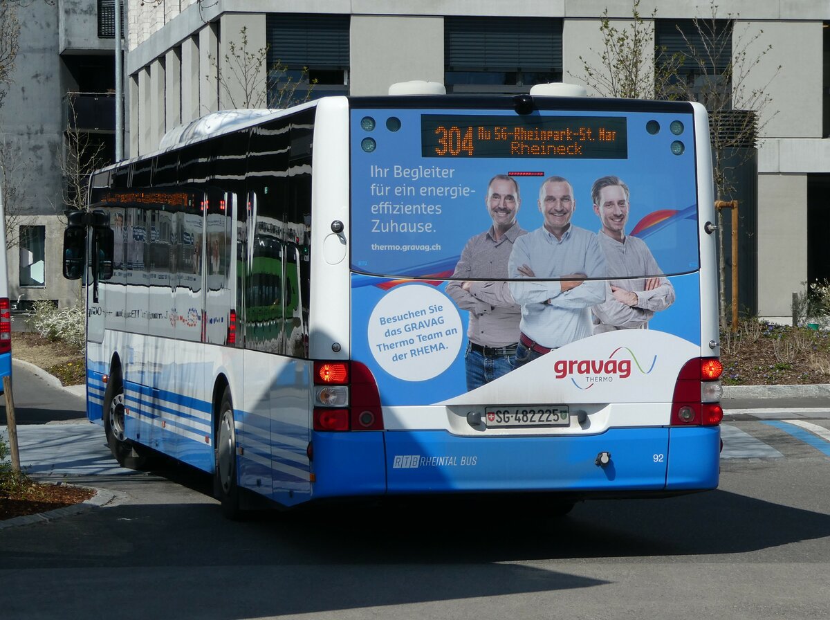 (248'108) - RTB Altst�tten - Nr. 92/SG 482'225 - MAN (ex PostBus/A BD 15'335) am 6. April 2023 beim Bahnhof Heerbrugg