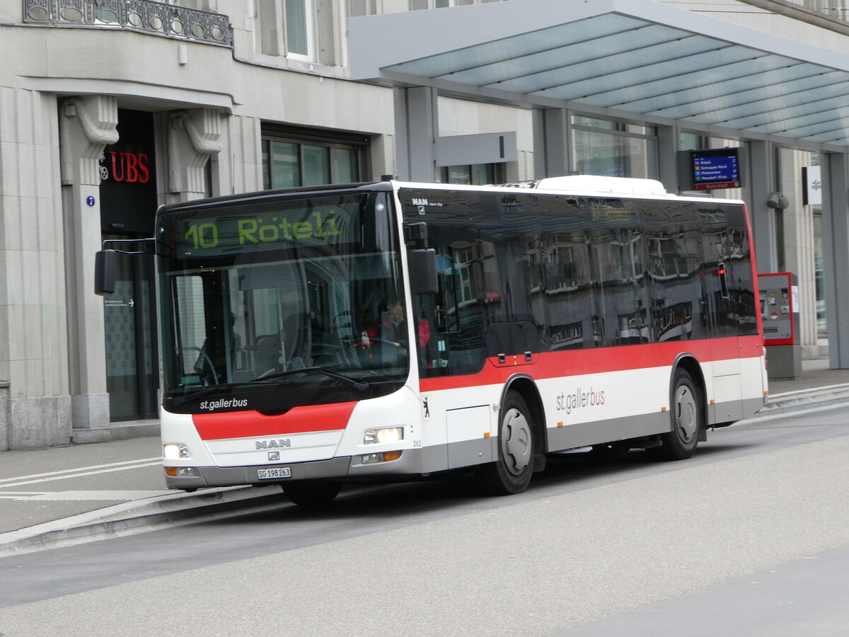 (248'391) - St. Gallerbus, St. Gallen - Nr. 263/SG 198'263 - MAN am 13. April 2023 beim Bahnhof St. Gallen