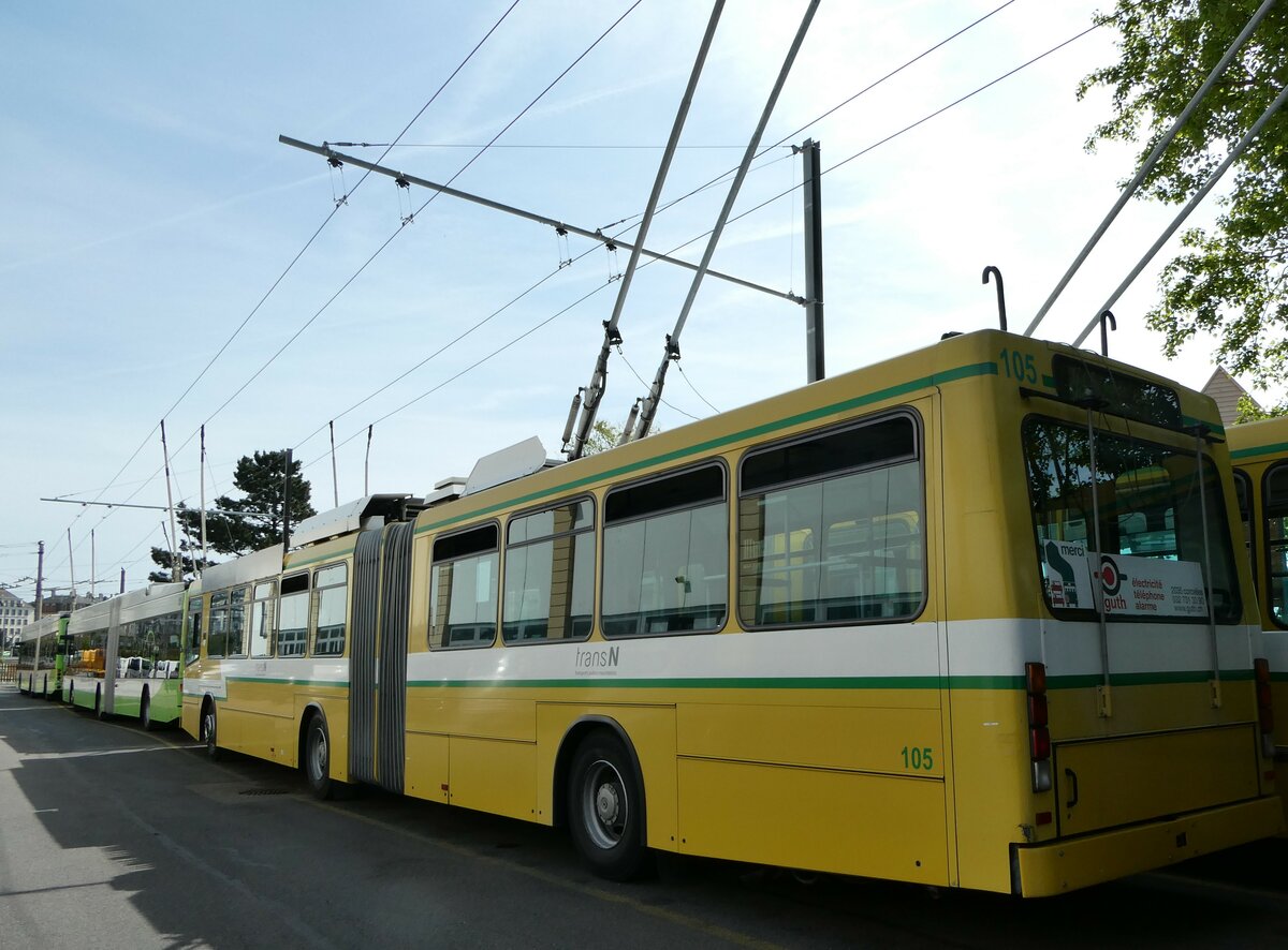 (249'617) - transN, La Chaux-de-Fonds - Nr. 105 - NAW/Hess Gelenktrolleybus (ex TN Neuch�tel Nr. 105) am 5. Mai 2023 in Neuch�tel, D�p�t