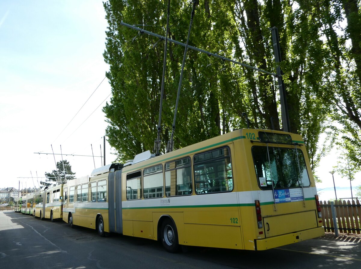 (249'618) - transN, La Chaux-de-Fonds - Nr. 102 - NAW/Hess Gelenktrolleybus (ex TN Neuch�tel Nr. 102) am 5. Mai 2023 in Neuch�tel, D�p�t