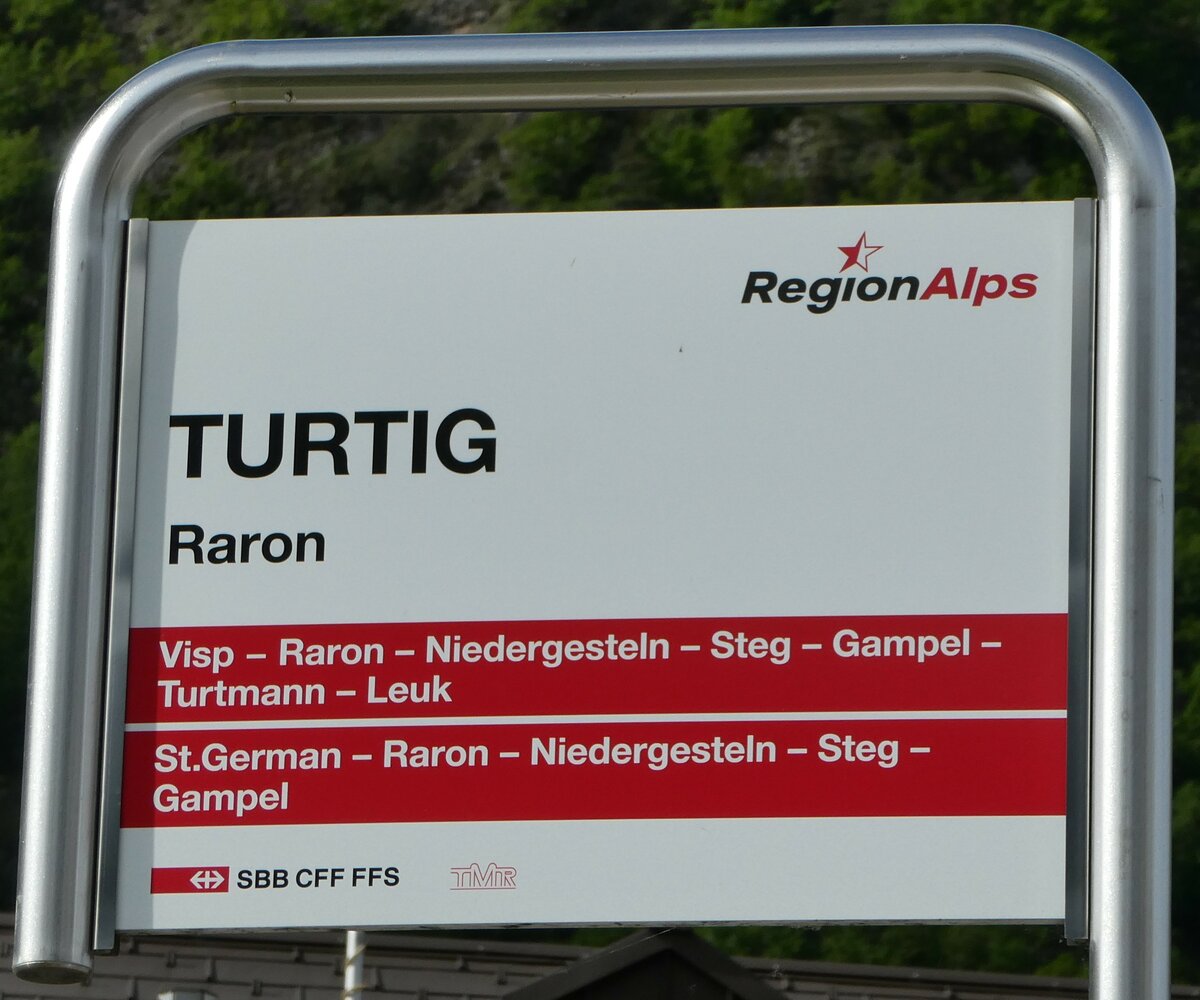 (249'935) - RegionAlps/SBB CFF FFS/TMR-Haltestellenschild - Raron, TURTIG - am 13. Mai 2023