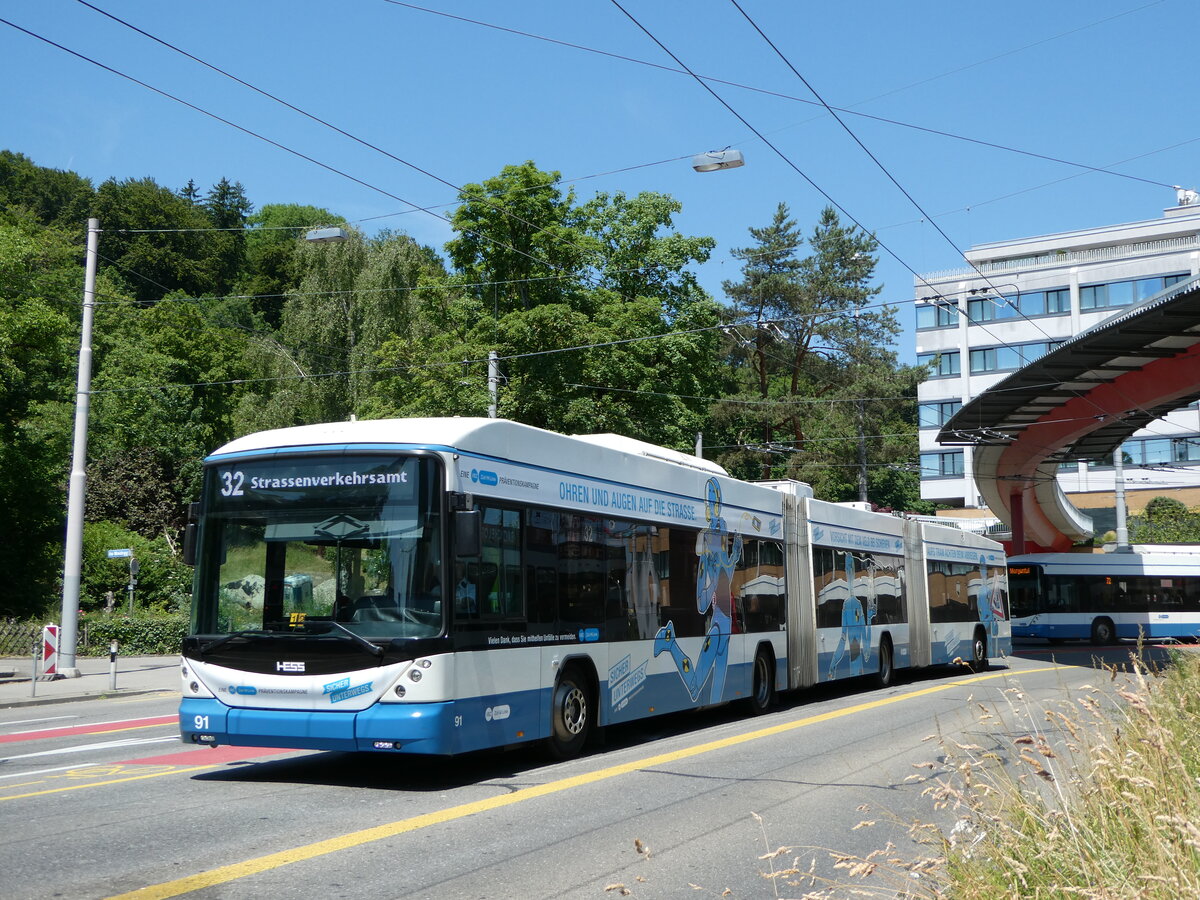 (251'465) - VBZ Z�rich - Nr. 91 - Hess/Hess Doppelgelenktrolleybus am 13. Juni 2023 in Z�rich, Bucheggplatz