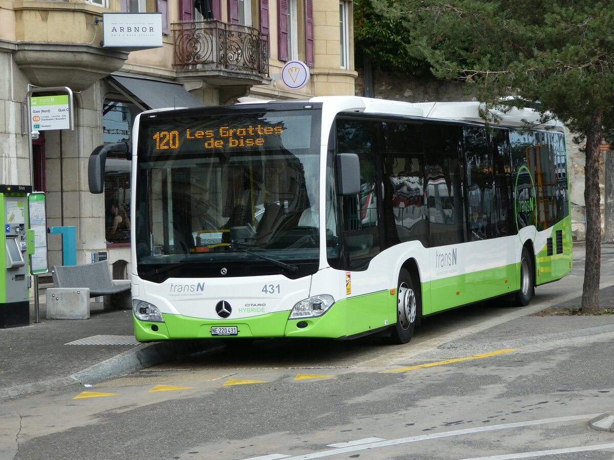 (255'222) - transN, La Chaux-de-Fonds - Nr. 431/NE 220'431 - Mercedes am 16. September 2023 beim Bahnhof Neuch�tel
