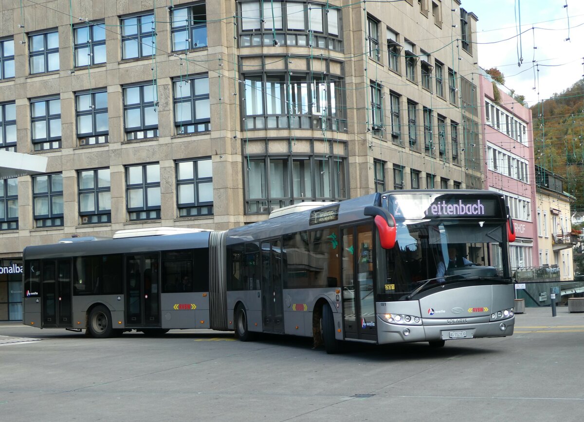 (256'784) - RVBW Wettingen - Nr. 181/AG 552'830 - Solaris (ex AAGR Rothenburg Nr. 1) am 6. November 2023 beim Bahnhof Baden