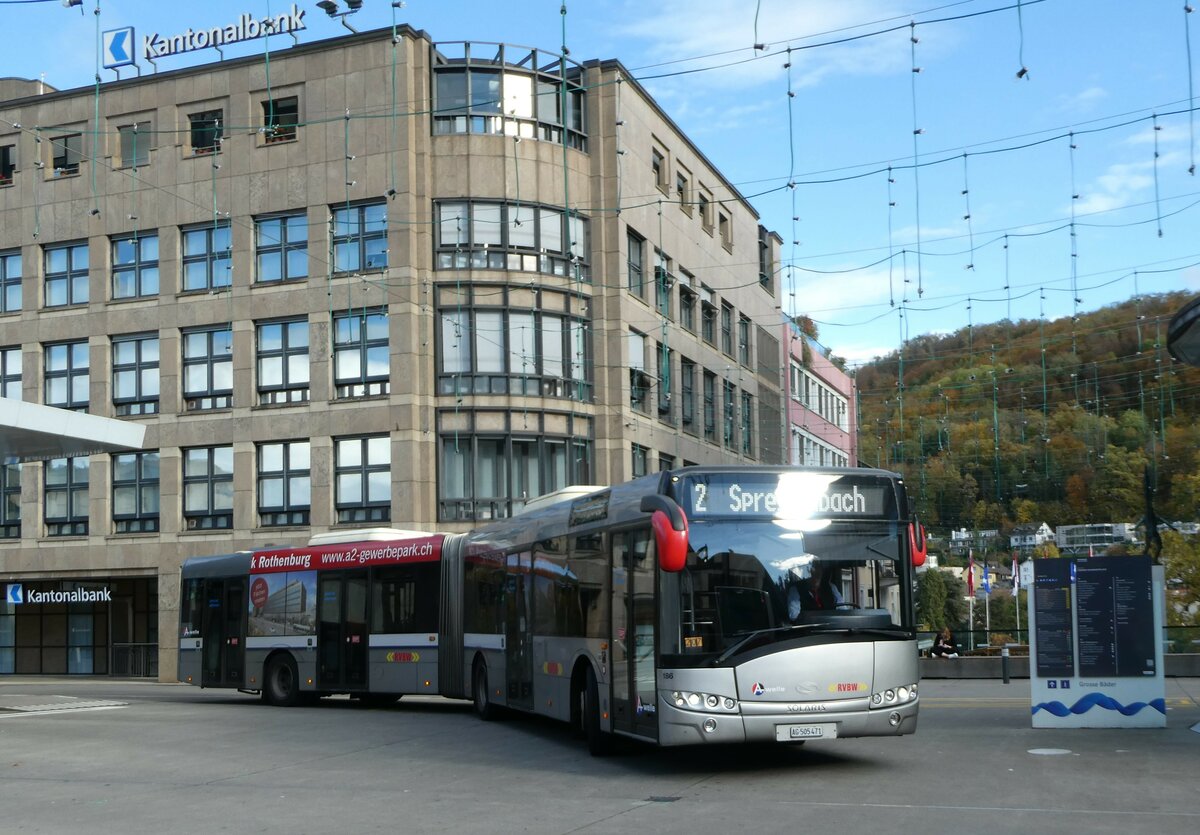 (256'797) - RVBW Wettingen - Nr. 186/AG 505'471 - Solaris (ex AAGR Rothenburg Nr. 5) am 6. November 2023 beim Bahnhof Baden