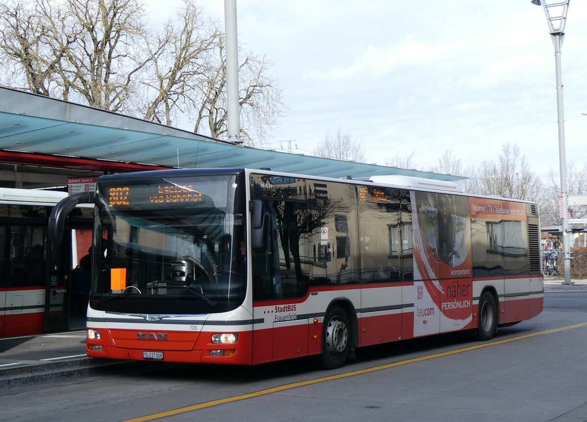 (259'051) - StadtBUS, Frauenfeld - Nr. 708/TG 237'008 - MAN (ex PostAuto Ostschweiz PID 10'032) am 2. Februar 2024 beim Bahnhof Frauenfeld