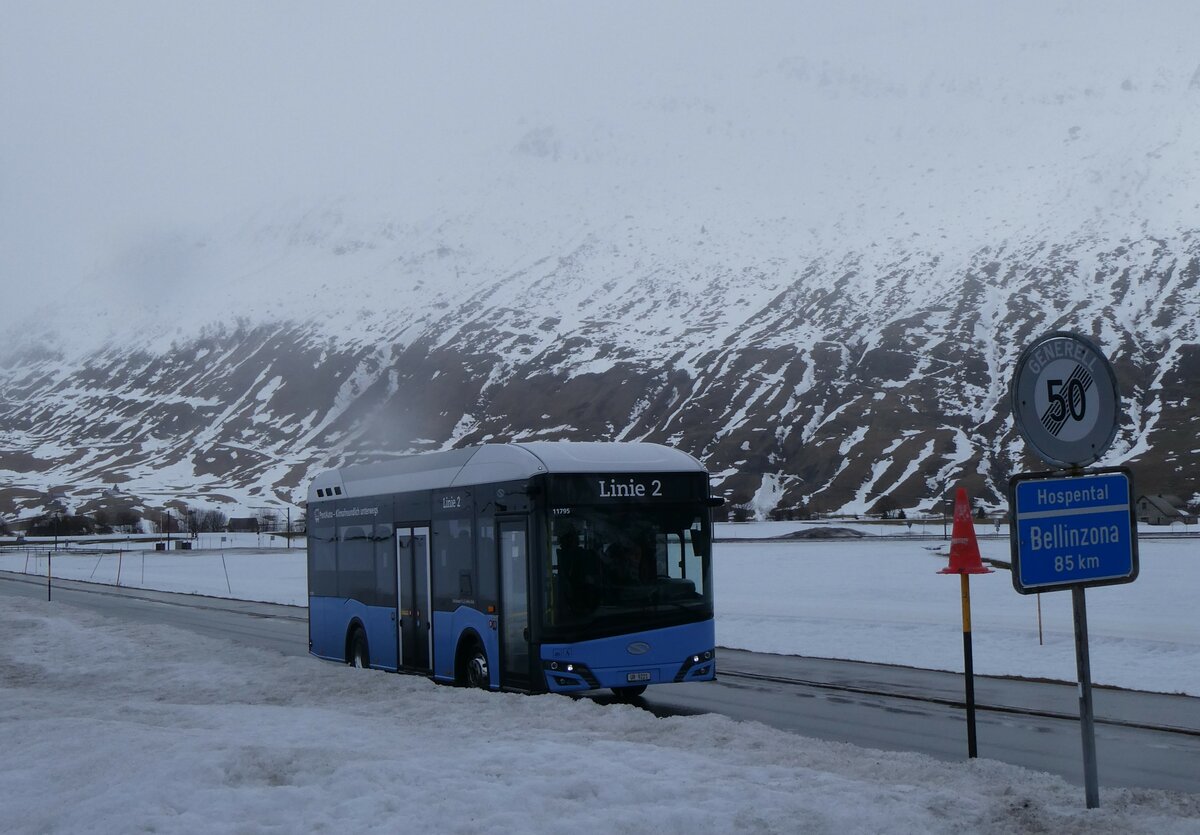 (259'248) - Mattli, Wassen - UR 9221/PID 11'795 - eSolaris (ex PostAuto Bern BE 90'275; ex PostAuto Bern BE 610'546) am 10. Februar 2024 in Andermatt, Gemsstockbahn