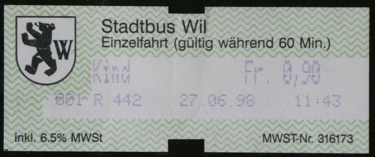 (259'903) - Stadtbus Wil-Einzelbillet vom 27. Juni 1998 am 3. M�rz 2024 in Thun