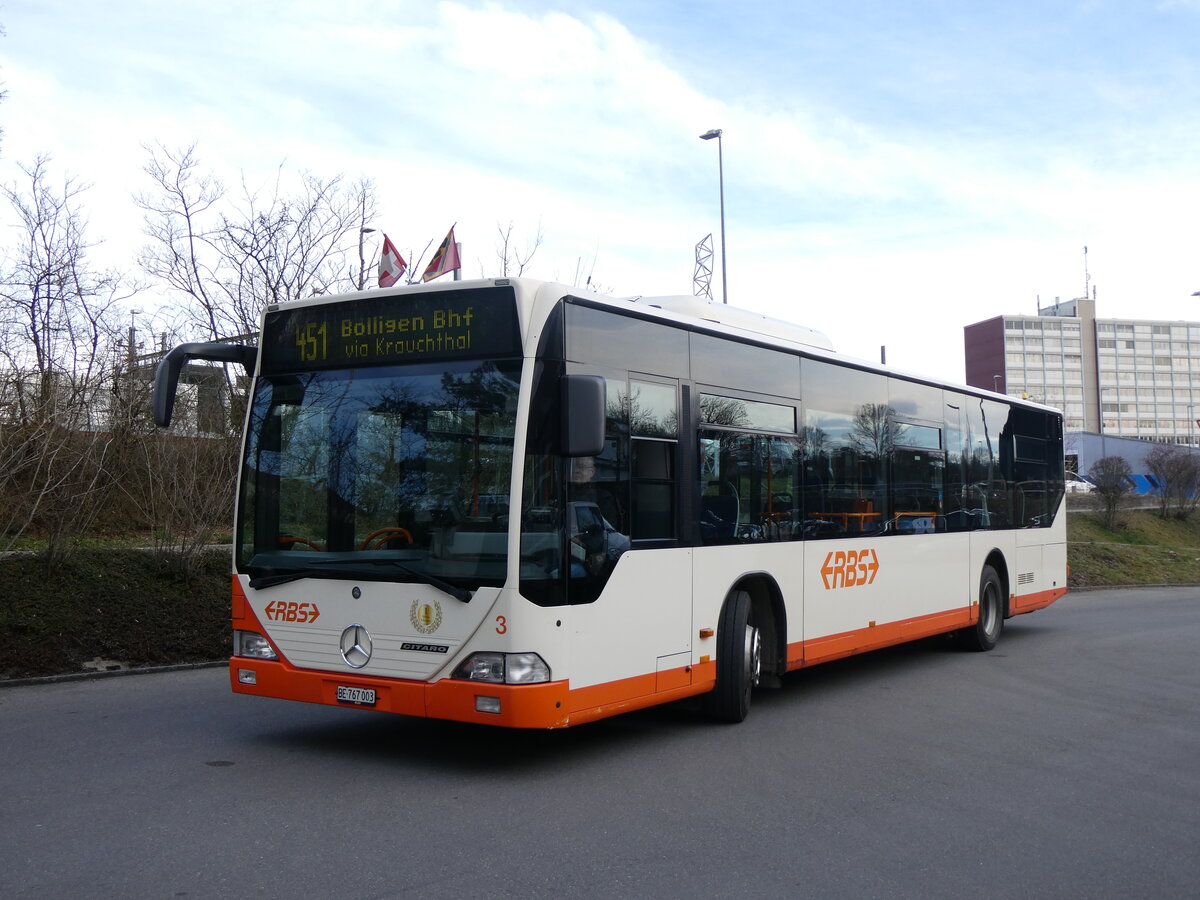 (260'097) - RBS Worblaufen - Nr. 3/BE 767'003 - Mercedes am 3. M�rz 2024 in Worblaufen, Garage (mit Zielanzeige: 451 Bolligen Bhf via Krauchthal)