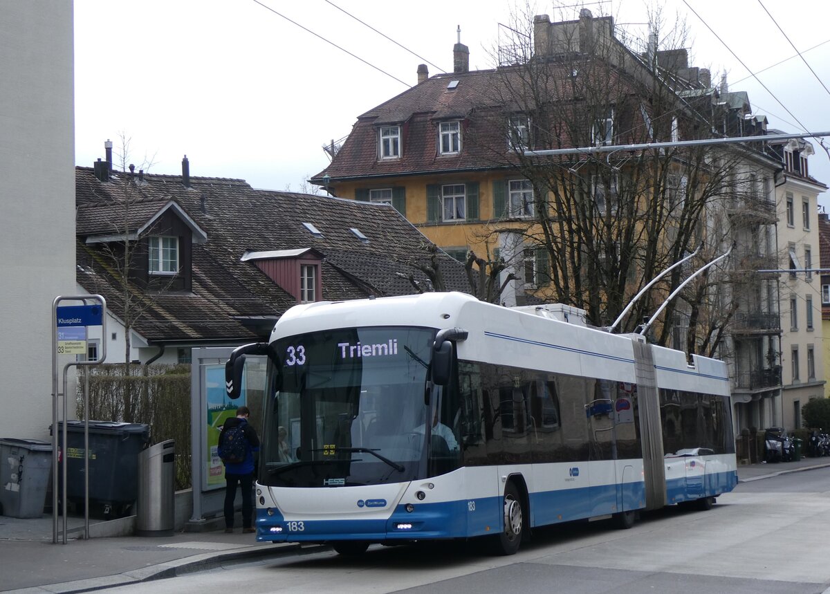 (260'130) - VBZ Z�rich - Nr. 183 - Hess/Hess Gelenktrolleybus am 4. M�rz 2024 in Z�rich, Klusplatz