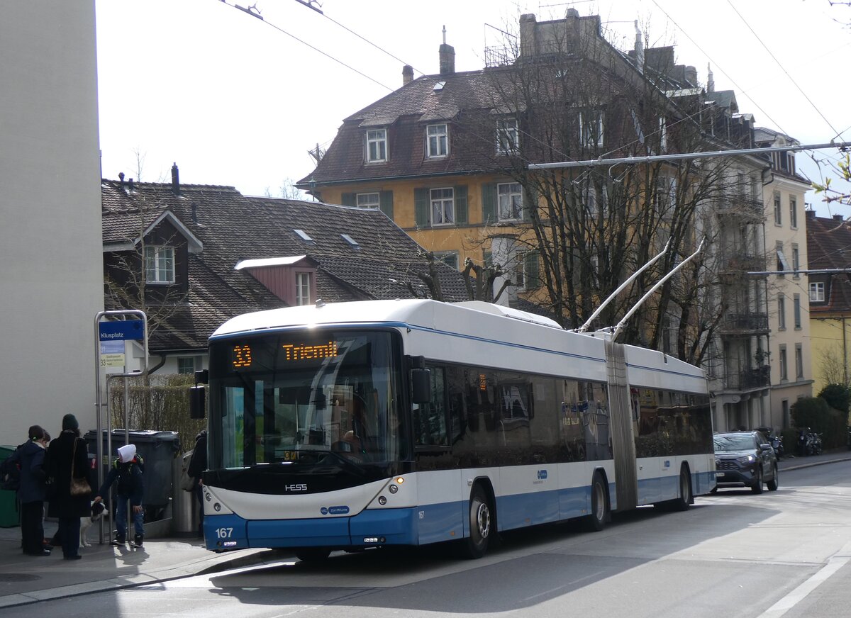 (260'142) - VBZ Z�rich - Nr. 167 - Hess/Hess Gelenktrolleybus am 4. M�rz 2024 in Z�rich, Klusplatz