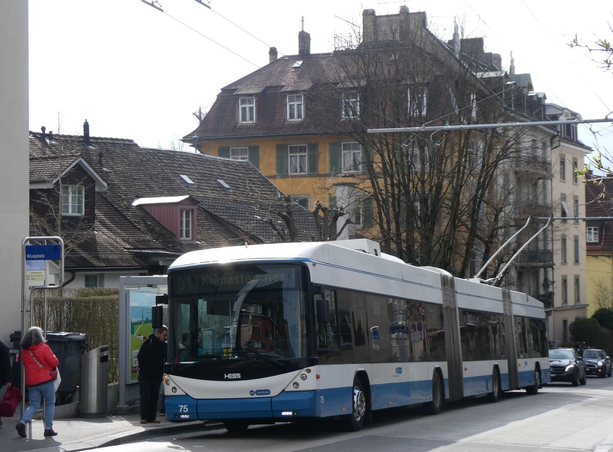 (260'143) - VBZ Z�rich - Nr. 75 - Hess/Hess Doppelgelenktrolleybus am 4. M�rz 2024 in Z�rich, Klusplatz
