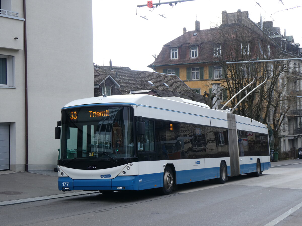 (260'145) - VBZ Z�rich - Nr. 177 - Hess/Hess Gelenktrolleybus am 4. M�rz 2024 in Z�rich, Klusplatz