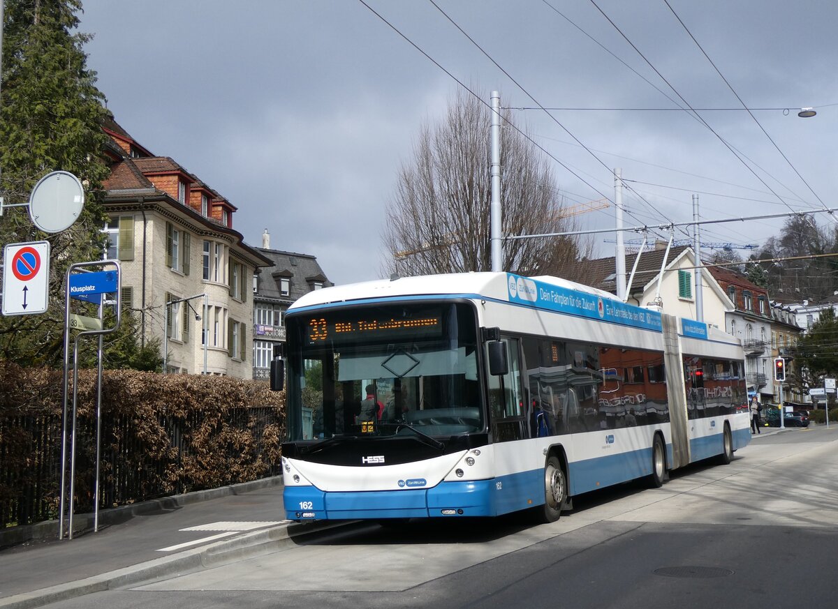 (260'153) - VBZ Z�rich - Nr. 162 - Hess/Hess Gelenktrolleybus am 4. M�rz 2024 in Z�rich, Klusplatz
