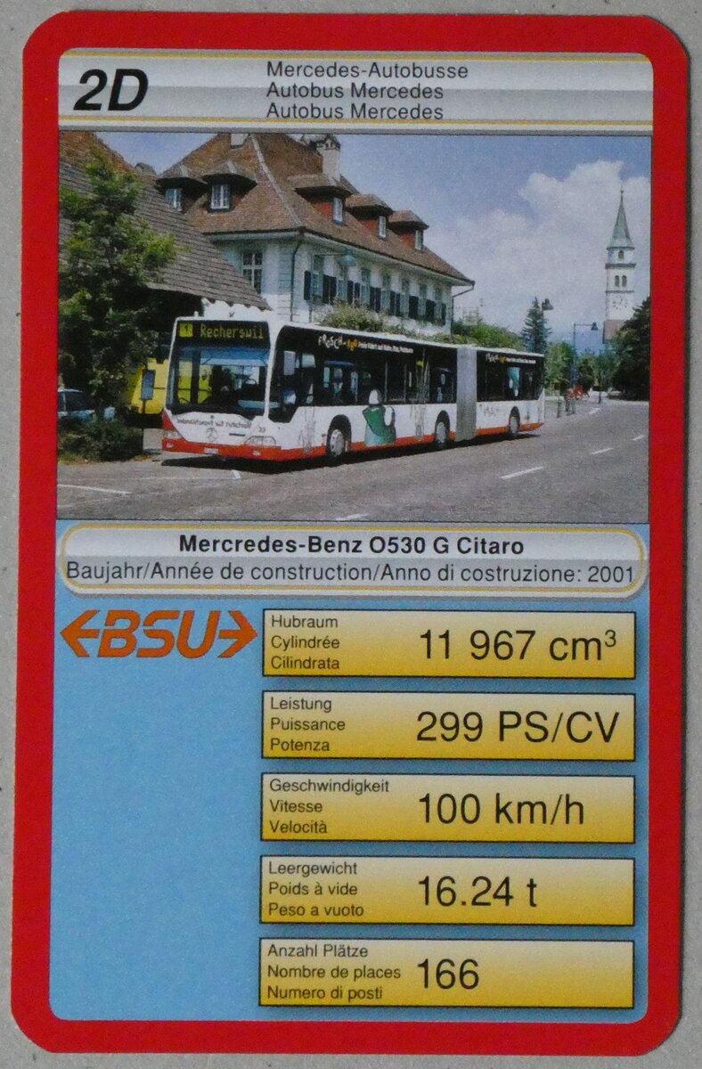 (260'188) - Quartett-Spielkarte mit BSU Mercedes-Benz O530 G Citaro Nr. 30 am 8. M�rz 2024 in Thun