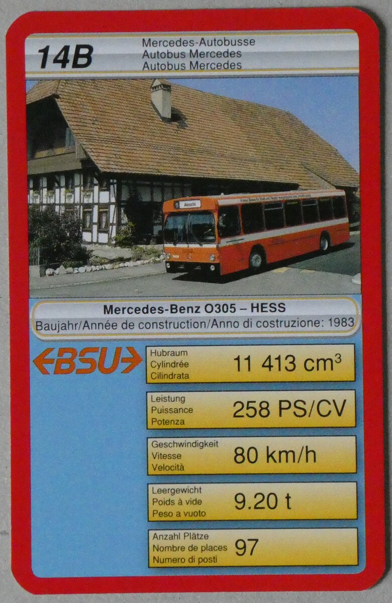 (260'190) - Quartett-Spielkarte mit BSU Mercedes-Benz/Hess O305 Nr. 41 am 8. M�rz 2024 in Thun