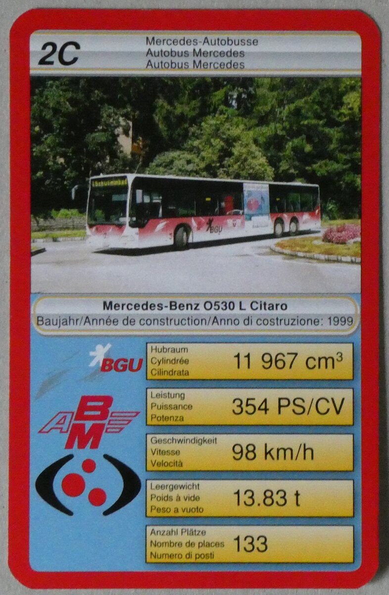 (260'391) - Quartett-Spielkarte mit BGU/ABM/VB Mercedes-Benz O530 L Citaro Nr. 16 am 17. M�rz 2024 in Thun
