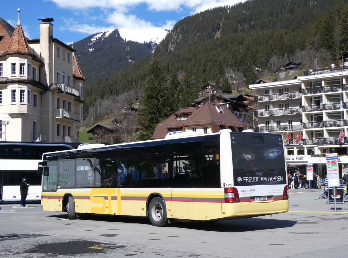 (260'536) - STI Thun - Nr. 129/BE 800'129 - MAN am 19. M�rz 2024 beim Bahnhof Grindelwald