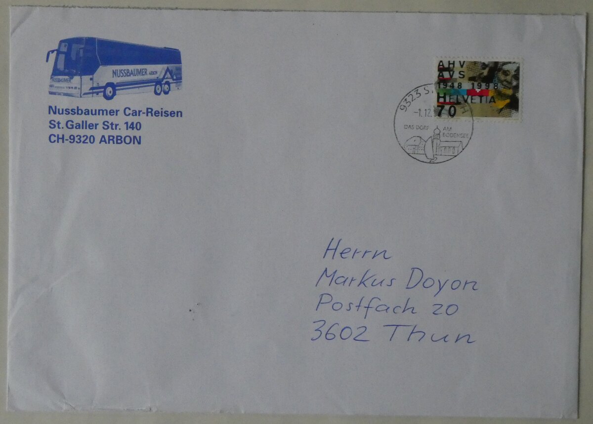 (260'866) - Nussbaumer-Briefumschlag vom 1. Dezember 1998 am 31. M�rz 2024 in Thun