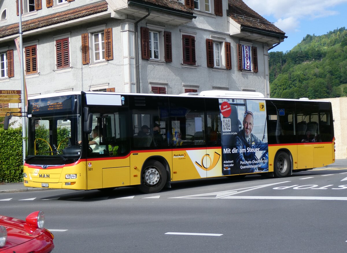 (262'505) - PostAuto Zentralschweiz - Nr. 501/OW 10'001/PID 10'265 - MAN (ex Nr. 9; ex Dillier, Sarnen Nr. 9) am 18. Mai 2024 in Sarnen, Br�nigstrasse