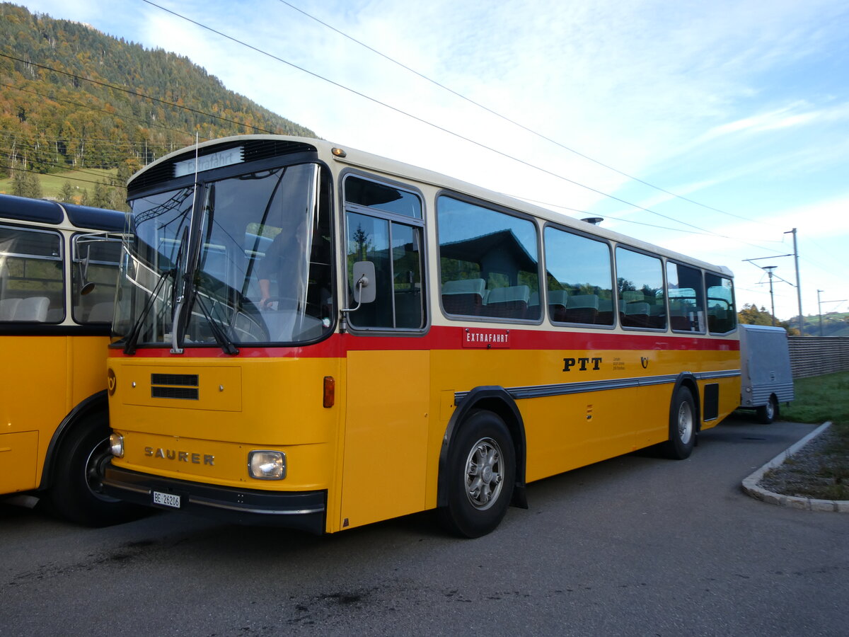 (267'995) - Schmid, Thrishaus - BE 26'206 - Saurer/Tscher (ex P 24'244) am 12. Oktober 2024 beim Bahnhof Reichenbach