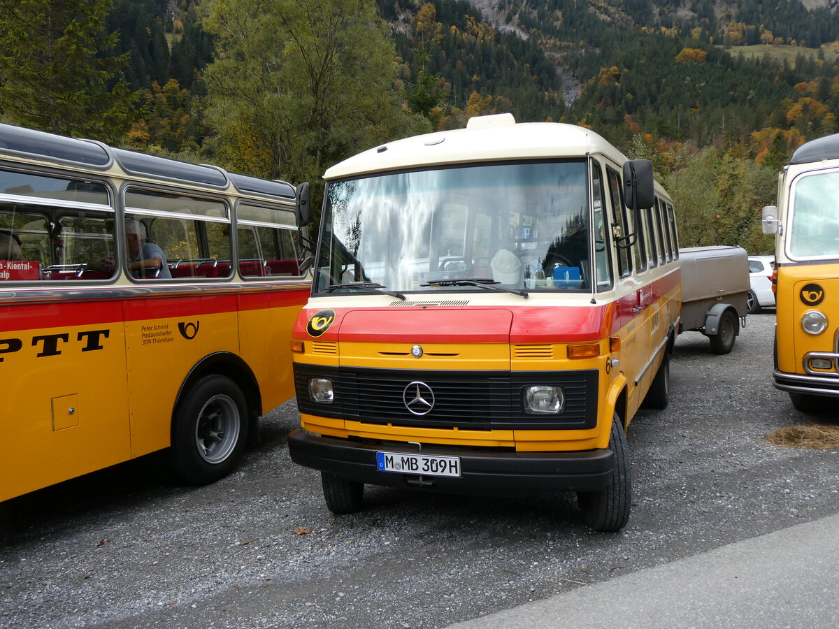 (268'056) - Aus Deutschland: Hahn, M�nchen - Nr. 6/M-MB 309H - Mercedes (ex M�ller, CH-Ennetmoos Nr. 6; ex Portenier, CH-Adelboden Nr. 6/PID 492; ex Geiger, CH-Adelboden Nr. 6) am 12. Oktober 2024 in Kiental, Tschingelsee