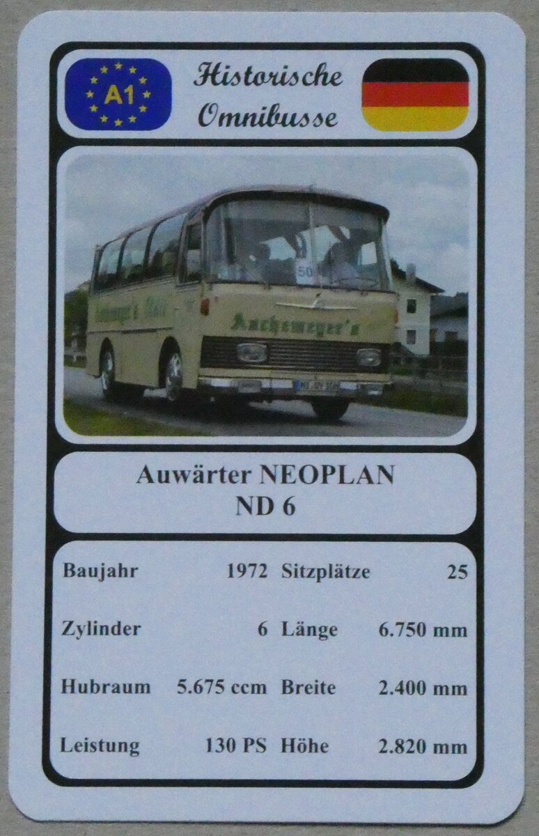 (269'226) - Quartett-Spielkarte mit Auw�rter NEOPLAN ND 6 von 1972 am 17. November 2024 in Thun