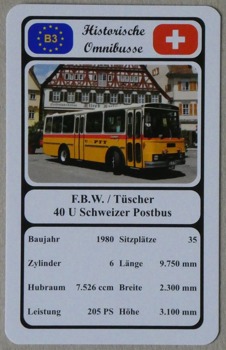 (269'381) - Quartett-Spielkarte mit F.B.W. / T�scher 40 U Schweizer Postbus von 1980 am 24. November 2024 in Thun