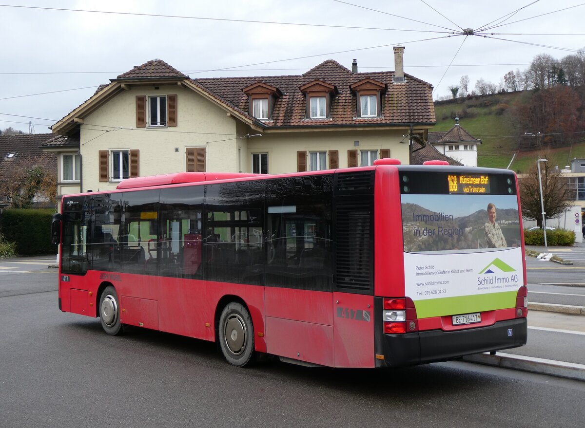 (269'612) - Bernmobil, Bern - Nr. 417/BE 716'417 - MAN am 3. Dezember 2024 beim Bahnhof Worb Dorf