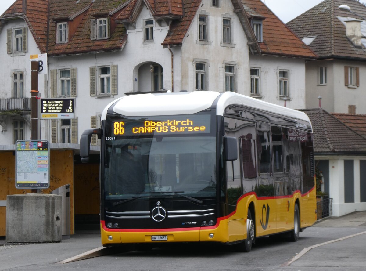 (269'770) - H�fliger, Sursee - Nr. 37/OW 16'637/PID 12'021 - eMercedes (ex vermietet an PostAuto Zentralschweiz Nr. 537) am 10. Dezember 2024 beim Bahnhof Sursee