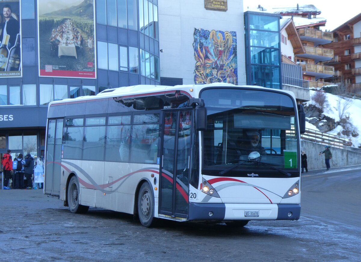 (270'505) - Lathion, Sion - Nr. 20/VS 31'615 - Van Hool (ex CAM Monaco/MC) am 1. Januar 2025 in Haute-Nendaz, T�l�cabine