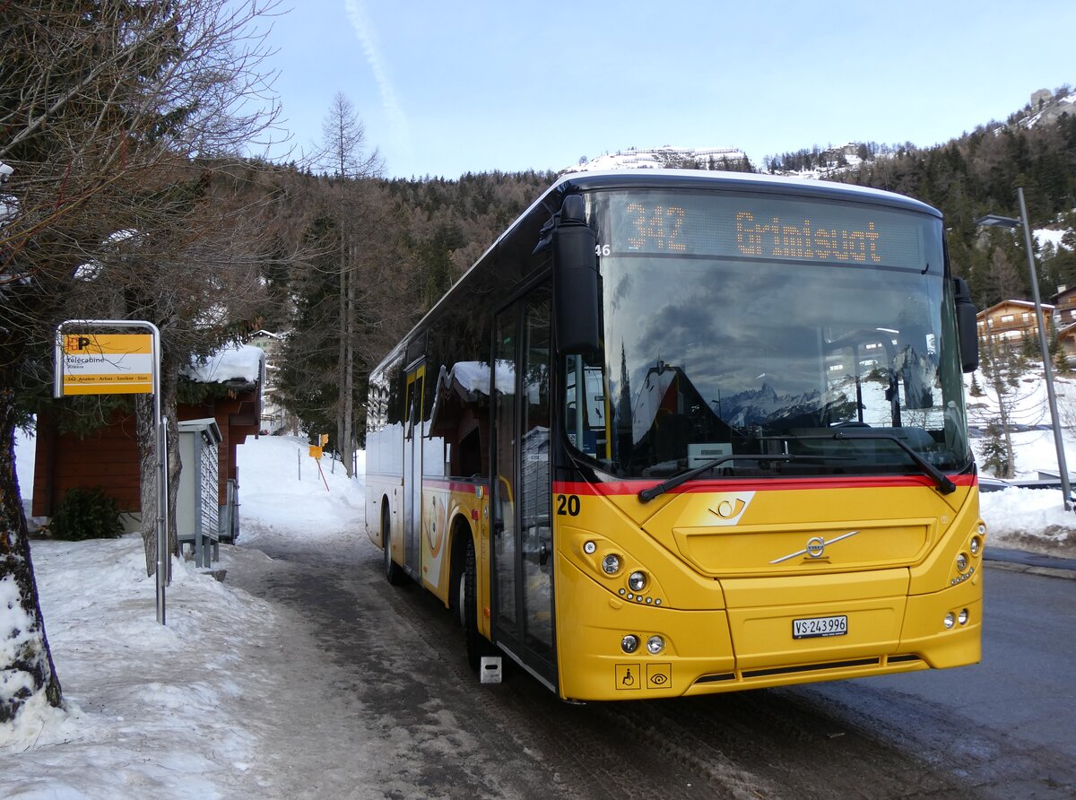 (270'555) - PostAuto Wallis - Nr. 20/VS 243'996/PID 10'946 - Volvo am 2. Januar 2025 in Anz�re, T�l�cabine