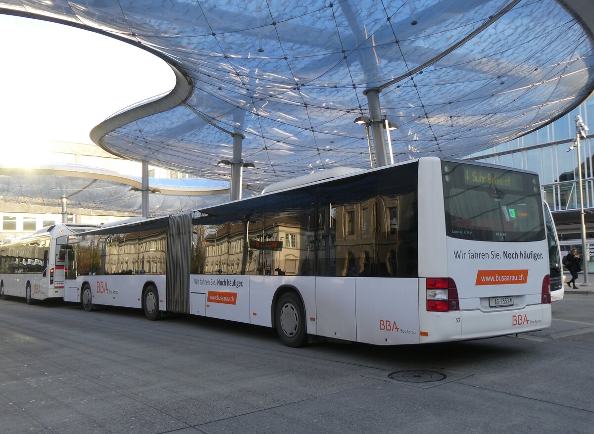 (272'134) - BBA Aarau - Nr. 53/AG 7553 - MAN (ex Inderm�hle, Rekingen) am 15. Februar 2025 beim Bahnhof Aarau
