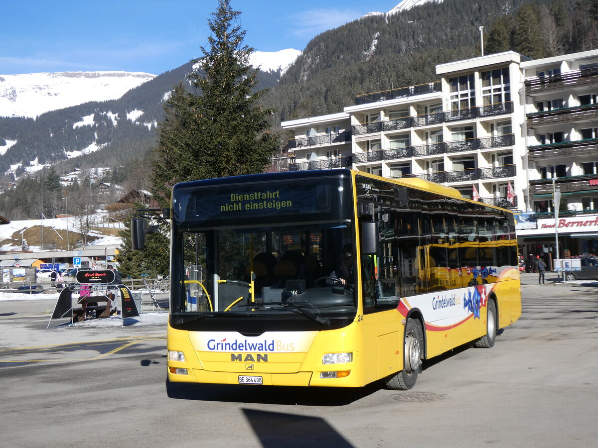 (272'165) - GrindelwaldBus, Grindelwald - Nr. 24/BE 364'408 - MAN/G�ppel am 17. Februar 2025 beim Bahnhof Grindelwald