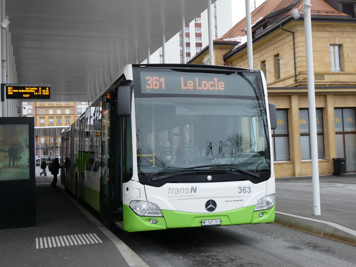 (272'476) - transN, La Chaux-de-Fonds - Nr. 363/NE 145'363 - Mercedes am 28. Februar 2025 beim Bahnhof La Chaux-de-Fonds