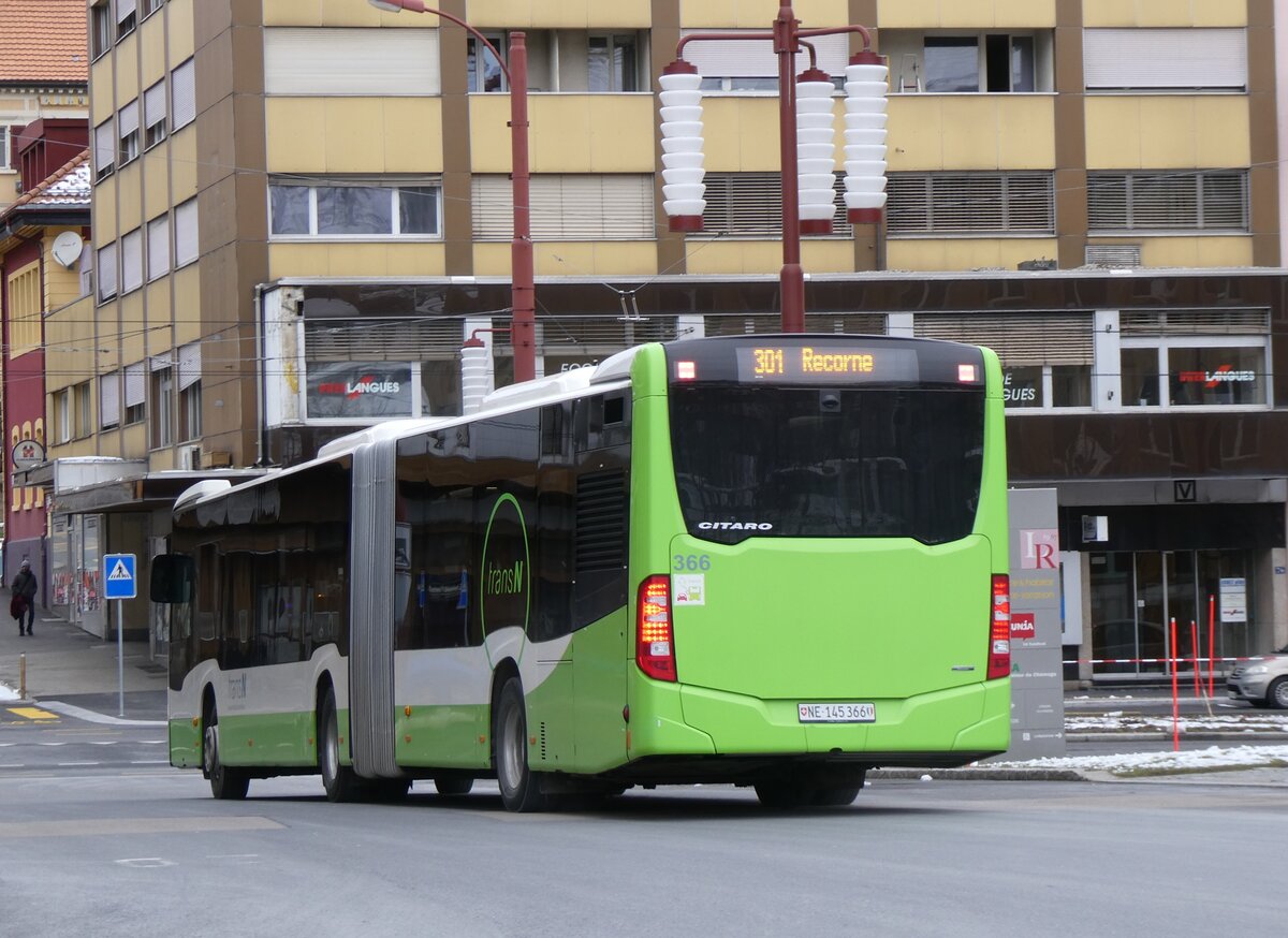 (272'499) - transN, La Chaux-de-Fonds - Nr. 366/NE 145'366 - Mercedes am 28. Februar 2025 beim Bahnhof La Chaux-de-Fonds