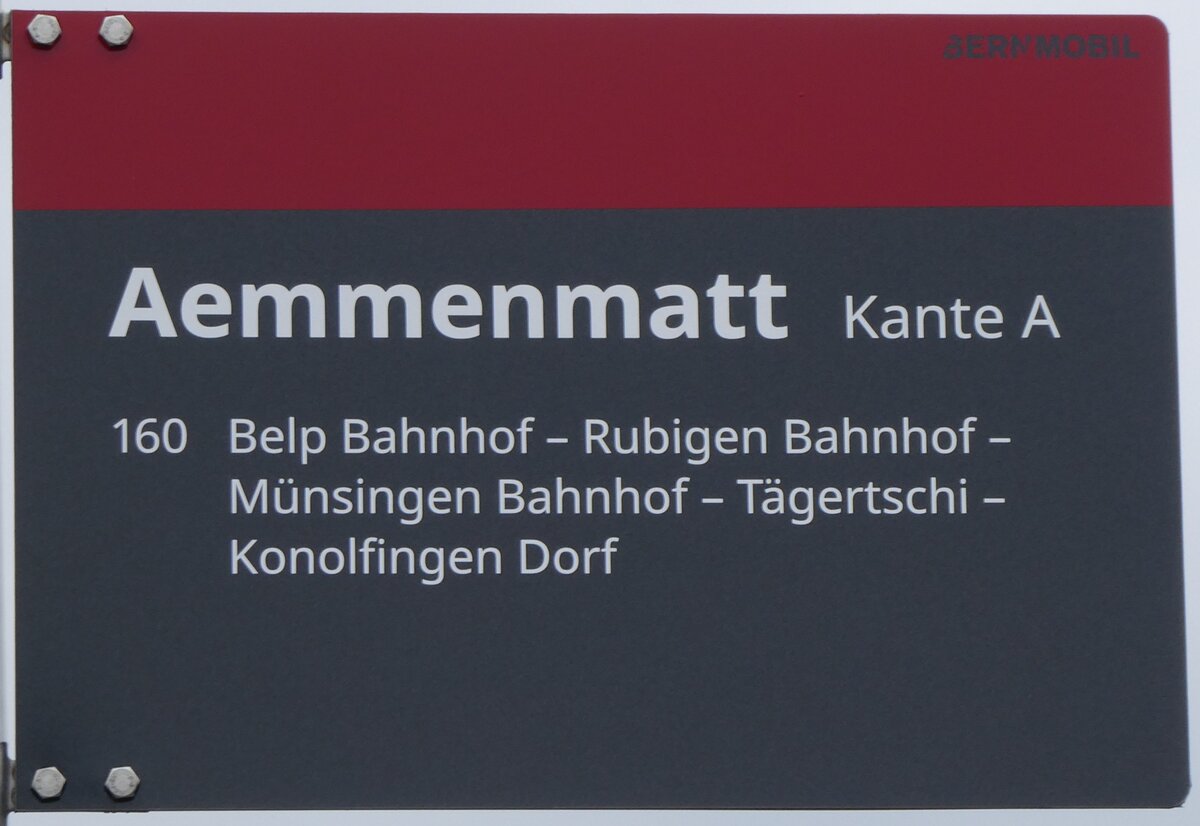 (272'526) - BERNMOBIL-Haltestellenschild - Belp, Aemmenmatt - am 1. M�rz 2025
