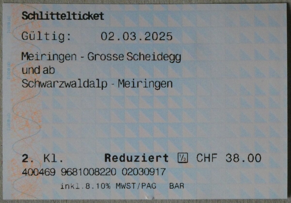 (272'618) - PostAuto-Schlittelticket Meiringen-Grosse Scheidegg vom 2. M�rz 2025 am 3. M�rz 2025 in Thun