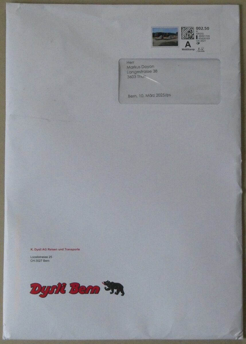 (272'822) - Dysli-Briefumschlag vom 10. M�rz 2025 am 11. M�rz 2025 in Thun
