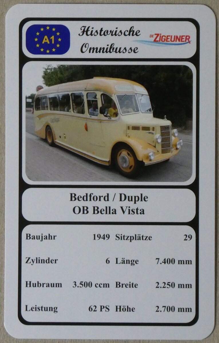 (273'036) - Quartett-Spielkarte mit Bedford / Duple OB Bella Vista von 1949 am 16. M�rz 2025 in Thun