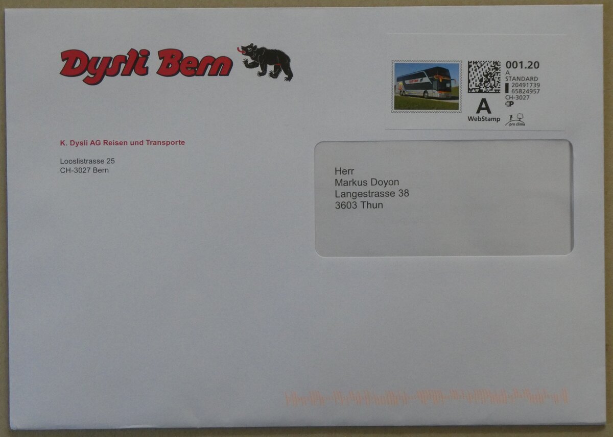 (273'110) - Dysli-Briefumschlag vom 19. M�rz 2025 am 20. M�rz 2025 in Thun