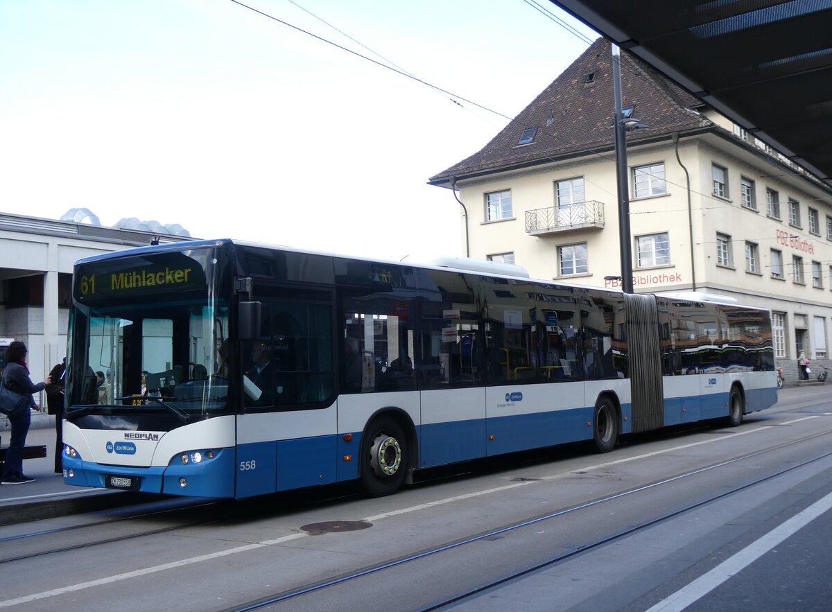 (273'160) - VBZ Z�rich - Nr. 558/ZH 730'558 - Neoplan am 24. M�rz 2025 beim Bahnhof Z�rich Oerlikon