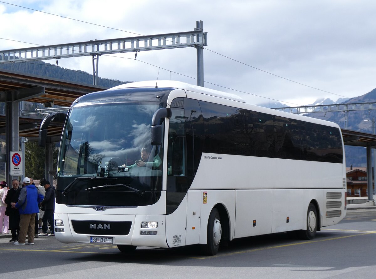 (273'238) - Aus Kroatien: Baltik, Samobor - SB 1313-TT - MAN am 27. M�rz 2025 beim Bahnhof Gstaad