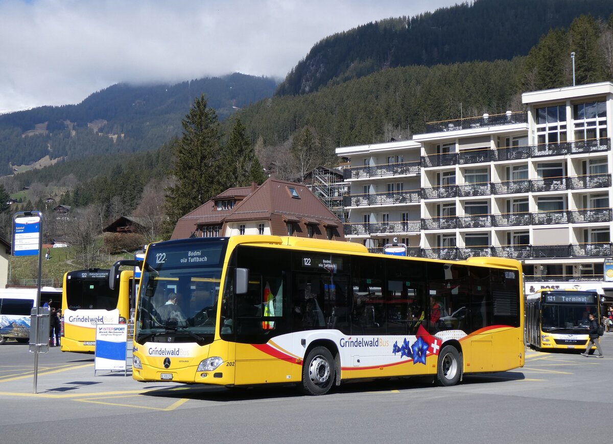 (273'264) - GrindelwaldBus, Grindelwald - Nr. 202/BE 908'202 - Mercedes am 28. M�rz 2025 beim Bahnhof Grindelwald