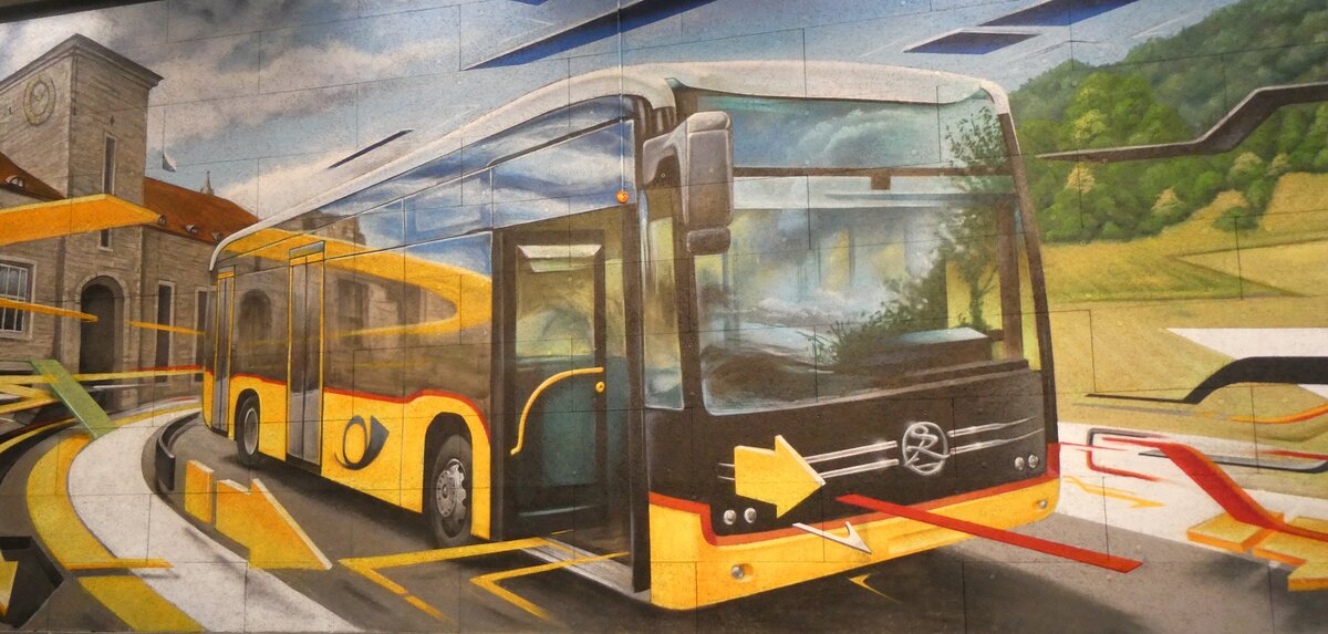 (273'341) - Wandbild in der Garage von PU Stutz mit einem eCitaro am 29. M�rz 2025 in Affoltern, Garage